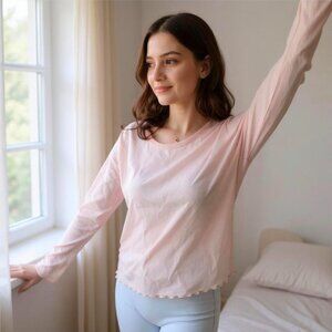 Polly & Esther ✦ Sheer Pink Long Sleeve Top L ✦ Lettuce Hem Stretchy Blouse